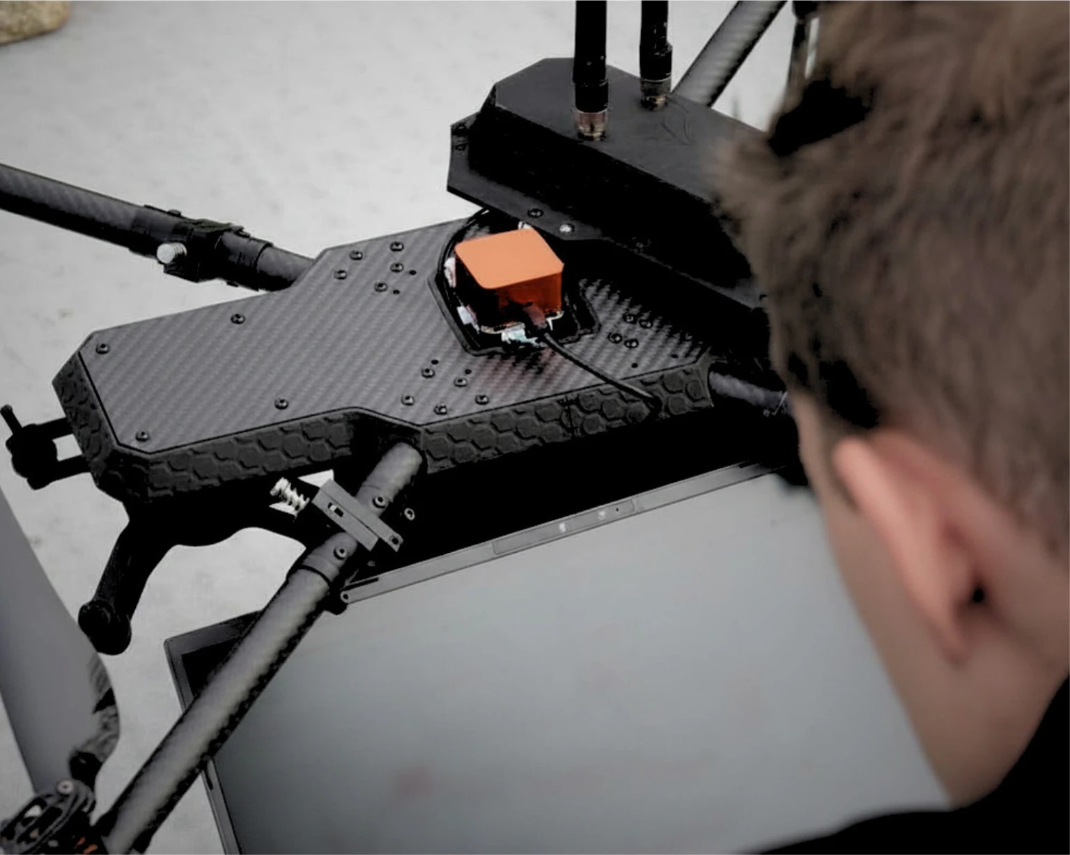 TCAT RECCE UAV carbon-fibre airframe with modular payload module during field configuration
